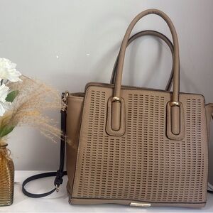 Tan Satchel with Woven Texture and Detachable Strap